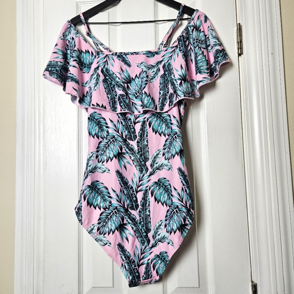 NWT maternity pink tropical one-piece swimsuit adjustable removable straps Lg - Picture 3 of 10